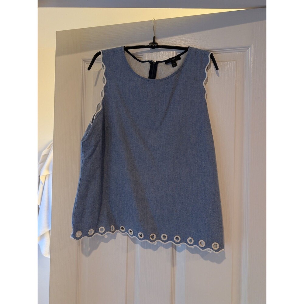 J.CREW Sleeveless Chambray Scalloped Top with Grommet Trim Blue White Size 12